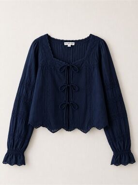 NWT And Now This Navy Blue Cotton Scallop Hem Blouse Size Small